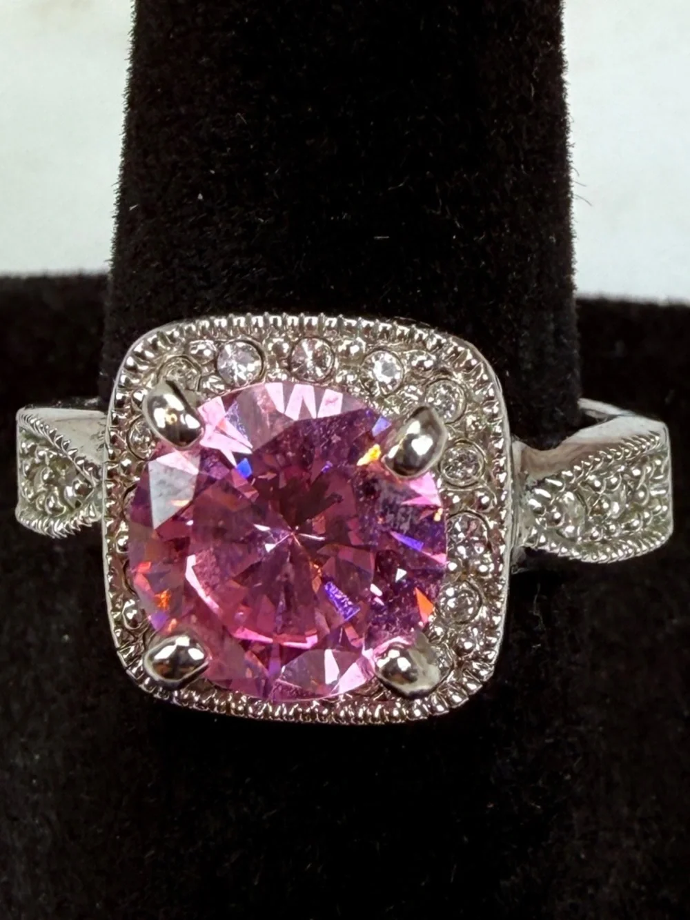 Vintage Silvertone, large pink stone ring